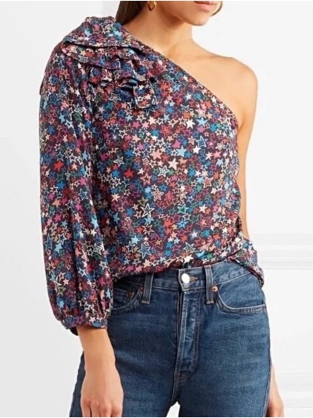 J. Crew| NEW ‘Jacuzzi’ One-Shoulder Black Multicolour Star Print Blouse Sz 0 NWT
